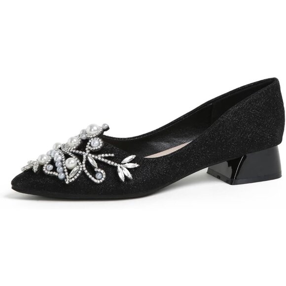 💫 Mengyanyingyi Diamond Low Heel Women Black Rhinestone Fashion PointedToe Pump - Picture 1 of 7